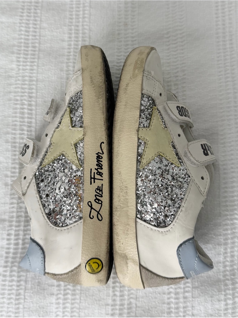 Golden Goose Kids White Sneakers with Silver Glitter and Pale Yellow Star